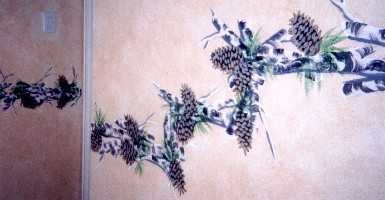 Hand painted birch tree and pine cone border over 2 color faux